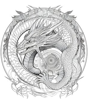Intricate Mandala Dragon Line Art with Detailed Patterns