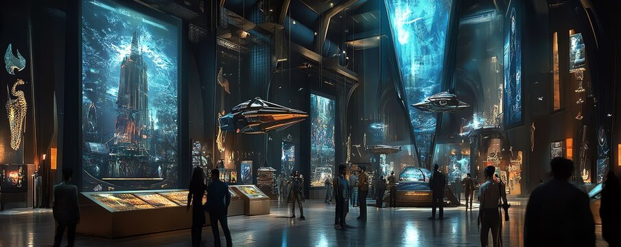 Contemporary science museum floor with Indian visitors engaging with futuristic holograms and kinetic art