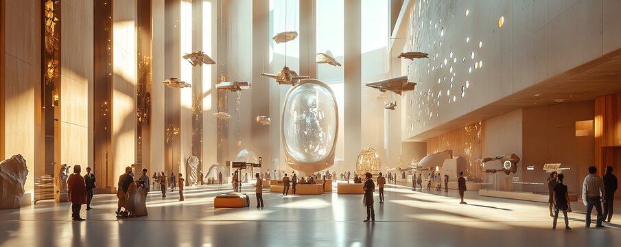 Contemporary science museum floor with Indian visitors engaging with futuristic holograms and kinetic art - Powered by Adobe