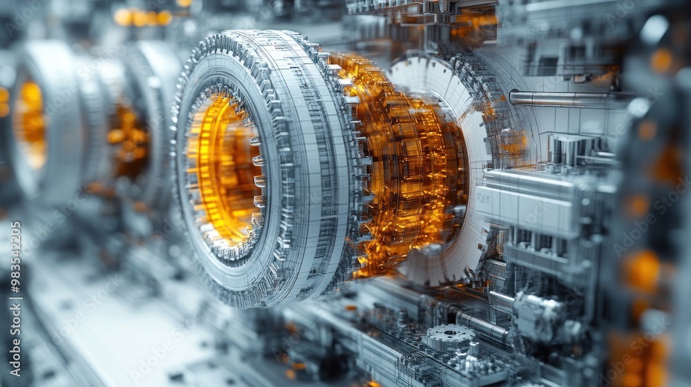 Poster close-up of a futuristic mechanical component with glowing elements.