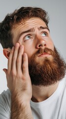 Obraz premium Thoughtful man with a beard gazes upward while resting his hand on his cheek in a minimalist setting