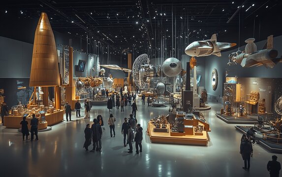 Large modern science museum space with Indian visitors engaging with futuristic holograms and kinetic art