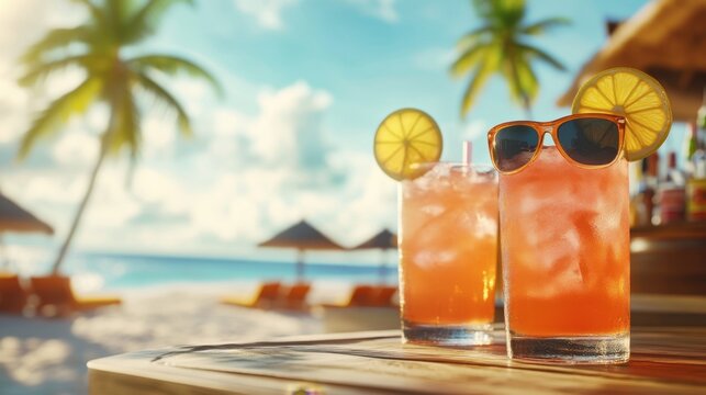 A beach bar scene with tropical cocktails and sunglasses on a sunny day, evoking a relaxed vacation vibe.