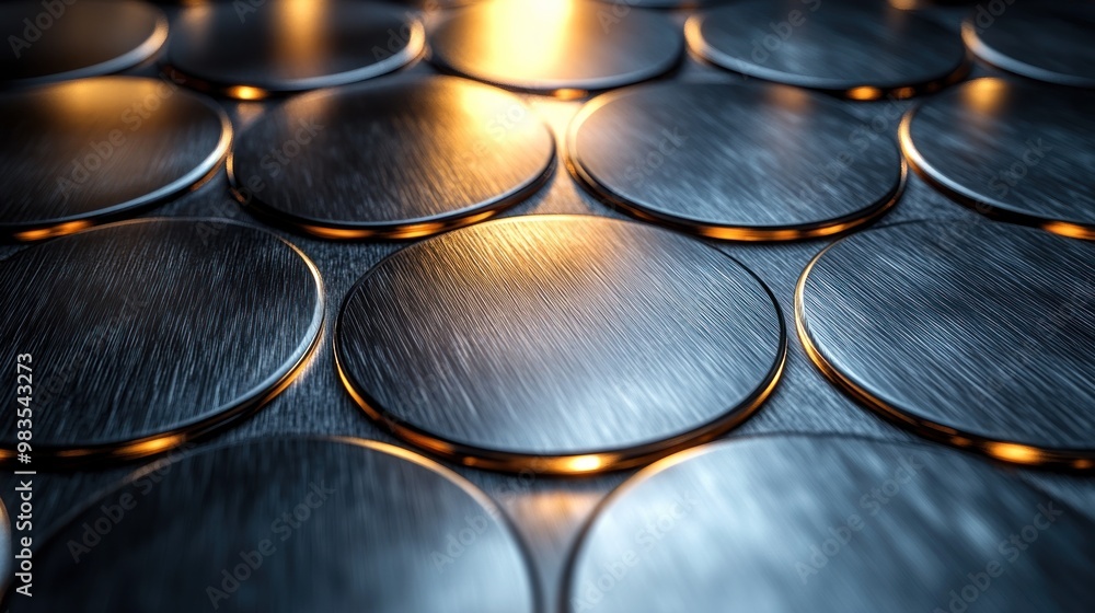 Poster close-up of metallic circular patterns with illuminated edges.