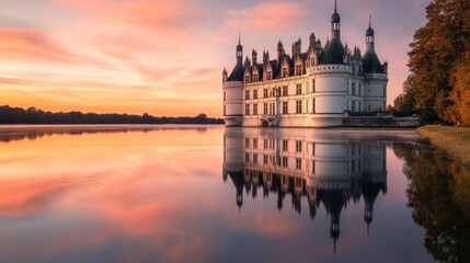 Naklejka premium A beautiful chteau reflected in the waters of the Loire River at sunset.