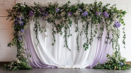 Elegant floral backdrop featuring lavender and white drapery for special events in a bright indoor setting