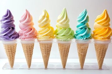Colorful ice cream cones with swirled soft serve in multiple flavors, perfect for summer treats and dessert photography.