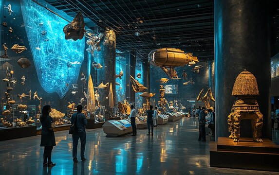 Modern science museum floor with Indian people admiring futuristic holograms and kinetic art