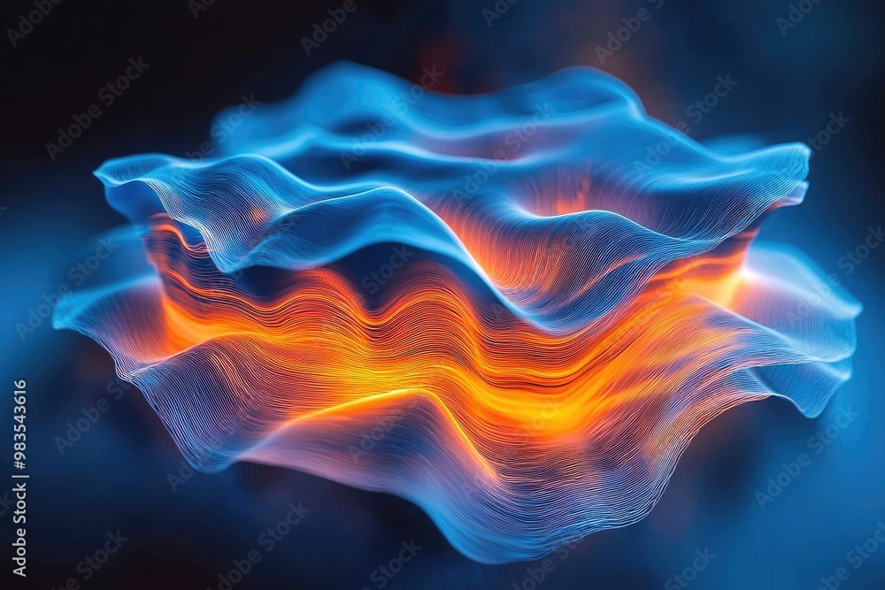 Wall mural dynamic abstract wave pattern featuring vibrant blue and orange colors, creating a sense of movement