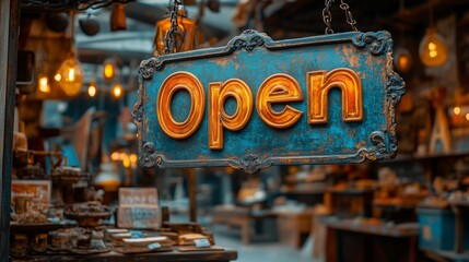 A close-up of a vintage “Open” sign in warm golden lighting, hanging in front of a cozy, rustic shop.