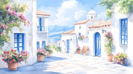 Quaint Mediterranean village with whitewashed walls and blue accents, overflowing with vibrant flowers in windowsills, painted in dreamy watercolor style