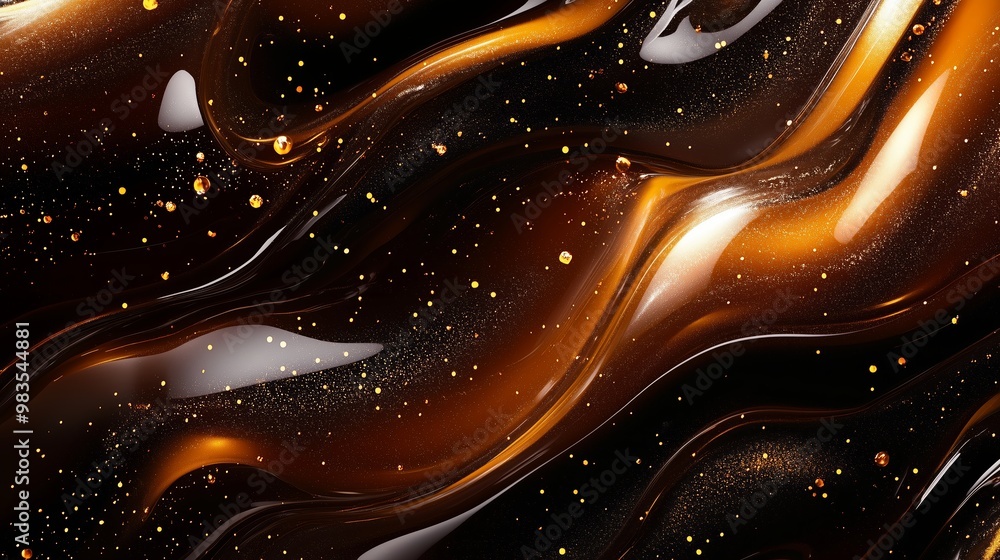 Poster glossy, dark liquid flowing in swirling patterns with shimmering particles in a close-up view captur