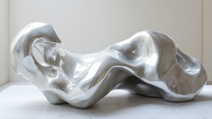 Abstract metallic sculpture with flowing, organic shapes.