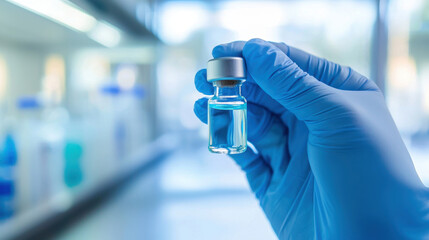 A person in blue gloves holds a small glass vial filled with a blue liquid, set against a blurred laboratory background.