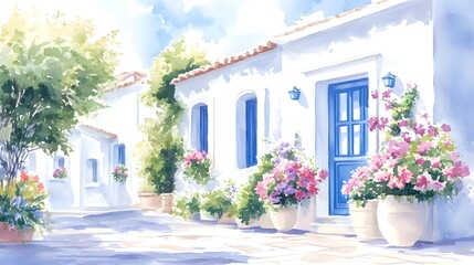 Picturesque Mediterranean village, white-blue facades, colorful floral displays in every window, watercolor technique with delicate, flowing colors