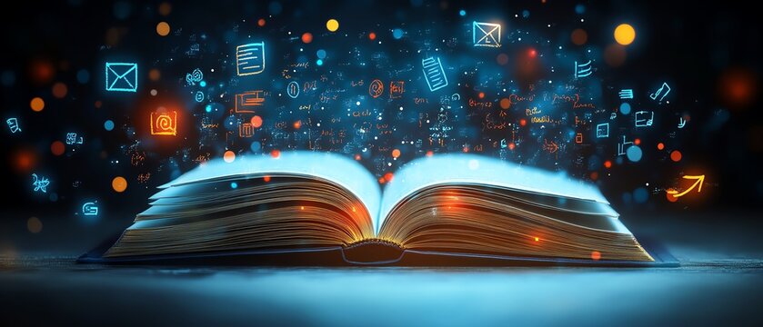 Bright and engaging image of an open book with floating literary symbols and clean lines, modern design, visually appealing