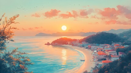 Obraz premium Sunset over a coastal town, vibrant houses glow in the soft golden light, watercolor style enhances the delicate and dreamy ambiance,