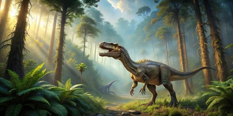 Tranquil prehistoric scene with majestic dinosaur in misty primeval forest