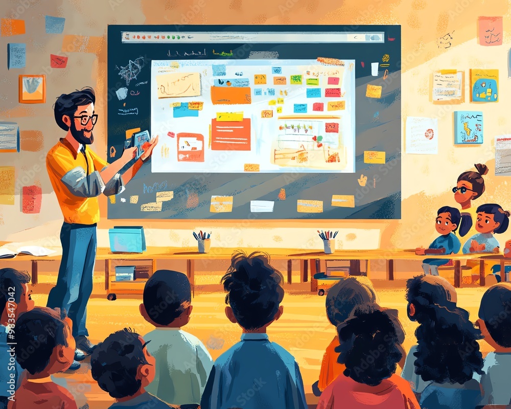 Poster Dynamic depiction of a teacher using interactive technology to teach, modern classroom, engaging and colorful design, diverse students