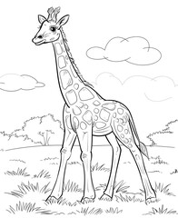 Fototapeta premium Adorable Giraffe Coloring Page for Kids with Nature Background