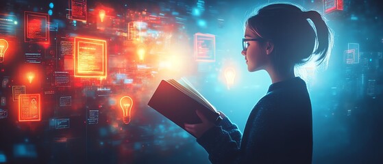 Dynamic image showing a person gaining knowledge from interactive elements, such as books and lightbulbs, bright and modern design, clean visuals