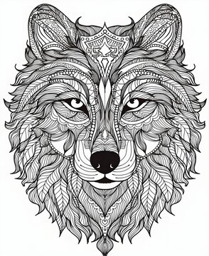 Intricate Mandala Wolf Line Art Illustration on White Background