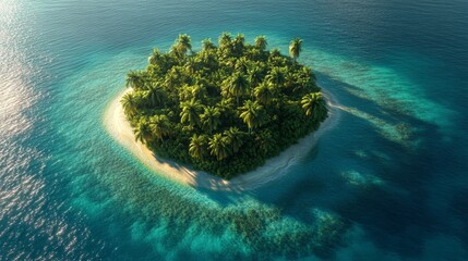 A small, perfectly round island with dense green palms at its core, surrounded by vibrant turquoise waters, sunlight shimmering on the calm surface