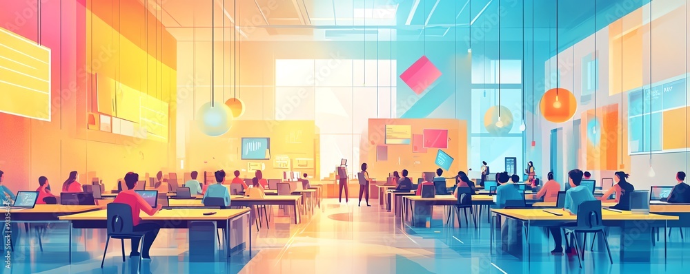 Aufkleber illustration of a modern educational environment with students engaged in interactive lessons, techn
