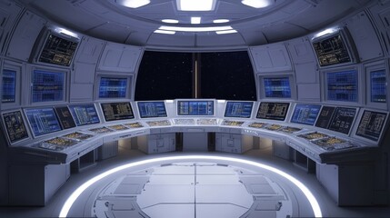 A space station control room with a circular arrangement of consoles and screens
