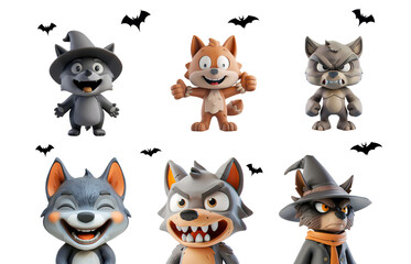 Naklejka premium Halloween werewolf set collection with various expressions: angry, happy, funny in close-up, half-body, and full-body in 3D cartoon illustration, Isolated on Transparent Background, PNG