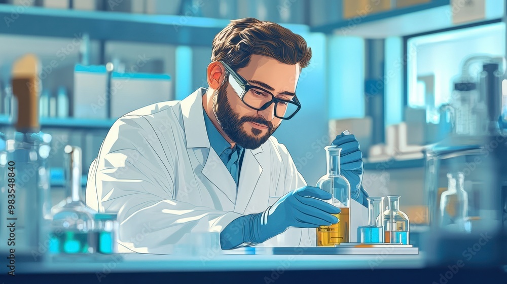 Wall mural a chemical engineer in a lab coat handling chemicals and using lab equipment in a laboratory.