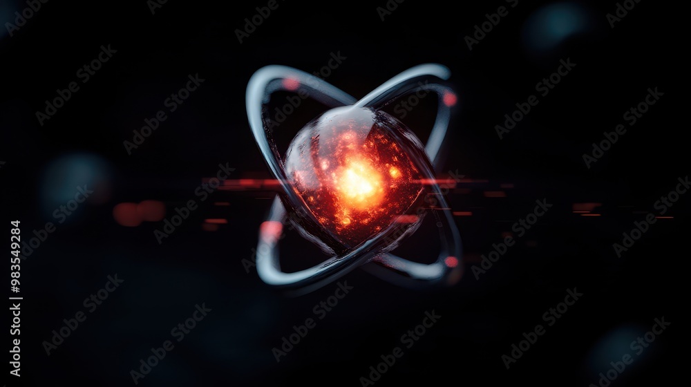 Poster 3d model of a silicon atom with detailed electron orbitals and a glowing nucleus with a black backgr