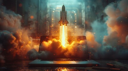 Rocket Exiting Laptop Screen