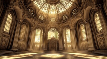 Fototapeta premium A steampunk-inspired dome with ornate stained-glass windows, gears visible beneath the structure, Vintage, 3D render, sepia tones, industrial fantasy