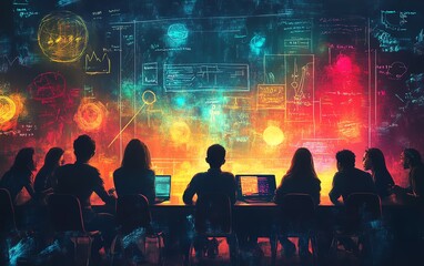 Naklejka premium Lively educationthemed image featuring students in a collaborative learning setting, diverse group, vibrant classroom, modern educational tools