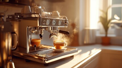 A classic espresso machine with gleaming metal surfaces and a steaming cup of espresso on the countertop.