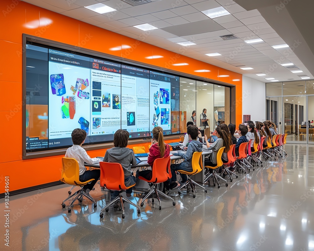 Poster modern classroom setting with students engaged in interactive learning, vibrant colors, contemporary