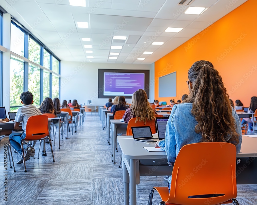 Poster modern classroom setting with students engaged in interactive learning, vibrant colors, contemporary