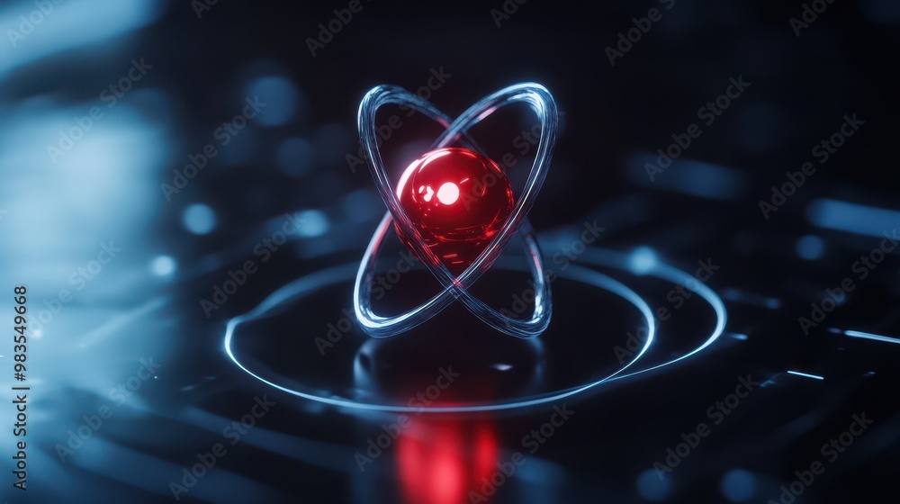 Poster 3d rendering of atomic particles in motion on a dynamic, colorful energy wave background