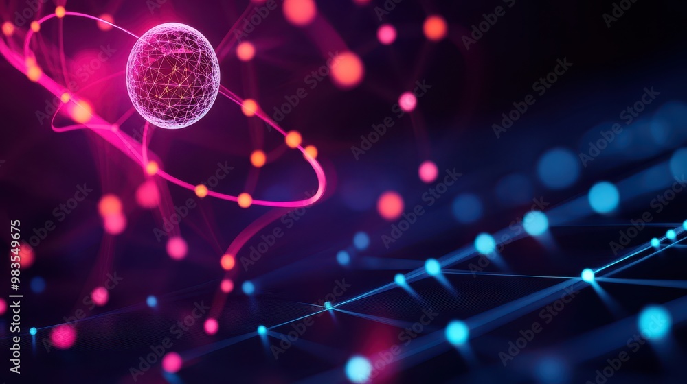 Poster 3d rendering of atomic particles in motion on a dynamic, colorful energy wave background