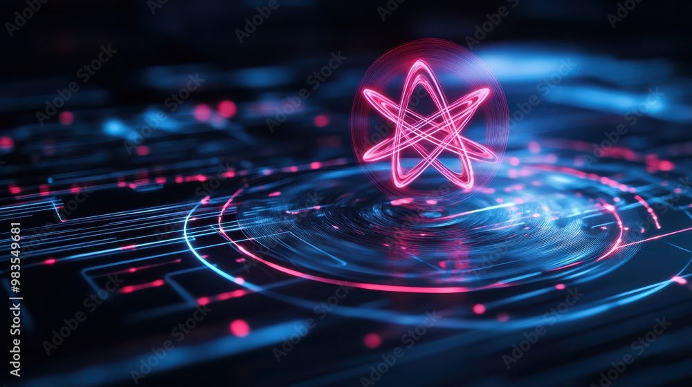 Poster 3d rendering of atomic particles in motion on a dynamic, colorful energy wave background