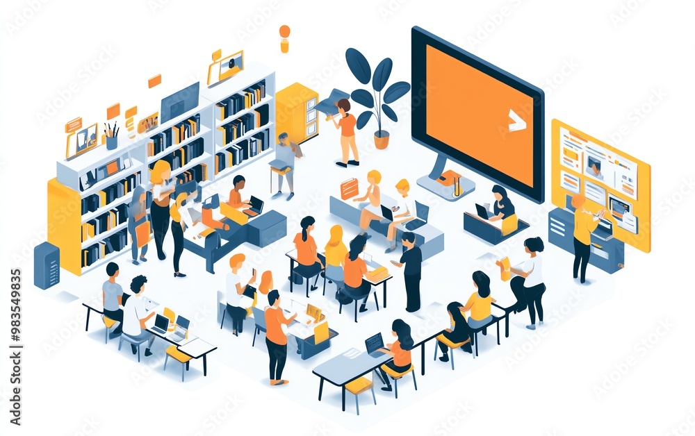 Poster modern depiction of interactive learning with technology and educational resources, diverse learners