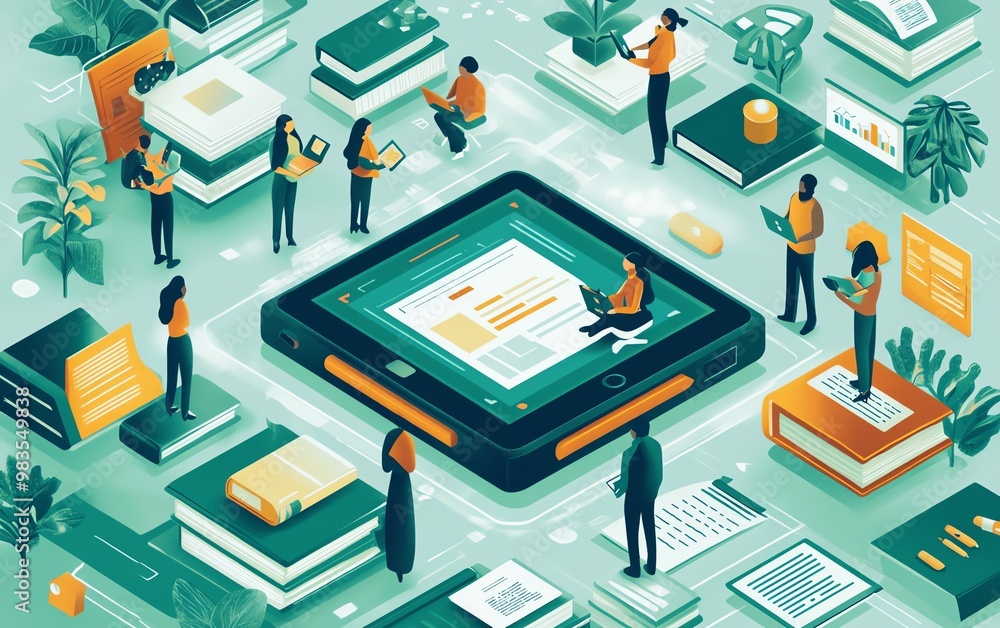 Fototapete modern depiction of interactive learning with technology and educational resources, diverse learners