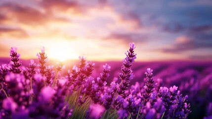 Obraz premium Serene lavender field under a bright blue sky, rows of flowers creating a tranquil scene, on solid white background, single object