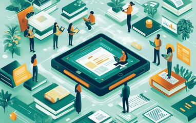 Obraz premium Modern depiction of interactive learning with technology and educational resources, diverse learners, bright and inviting atmosphere