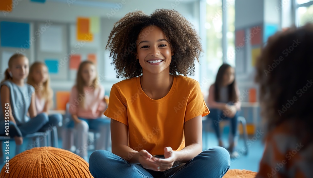 Poster Modern image of a teacher facilitating a group discussion, bright and inviting classroom, diverse students, clean and dynamic design