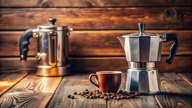 Italian metallic coffee maker on wooden table with traditional mocha coffee pot for espresso brewing at home kitchen