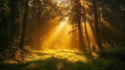 Fototapeta premium A sunlit clearing in the heart of a deep forest, golden light beaming through the treetops, casting ethereal rays onto the vibrant green grass below