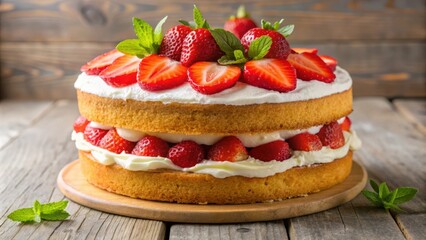 Delicious Homemade Strawberry and Cream Sponge Cake with Fresh Fruits and Whipped Topping