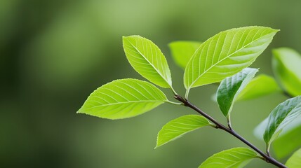 A close-up of vibrant green leaves against a blurred background showcases their fresh, glossy appearance and delicate veining.